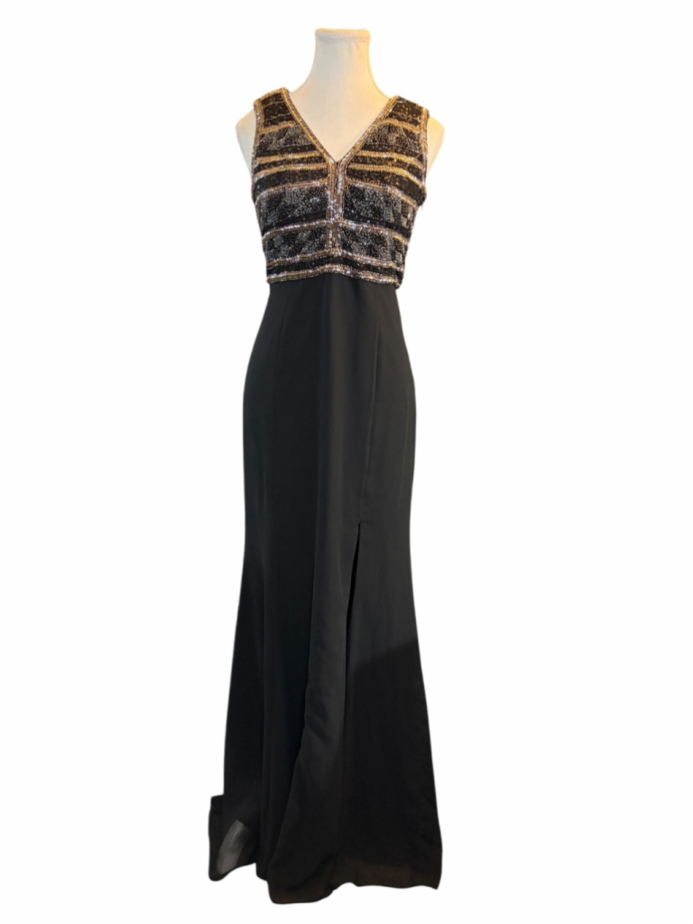 Adrianna Papell Black Gold Beaded Sequin Open Back Evening Gown Size 8 - Picture 3 of 9